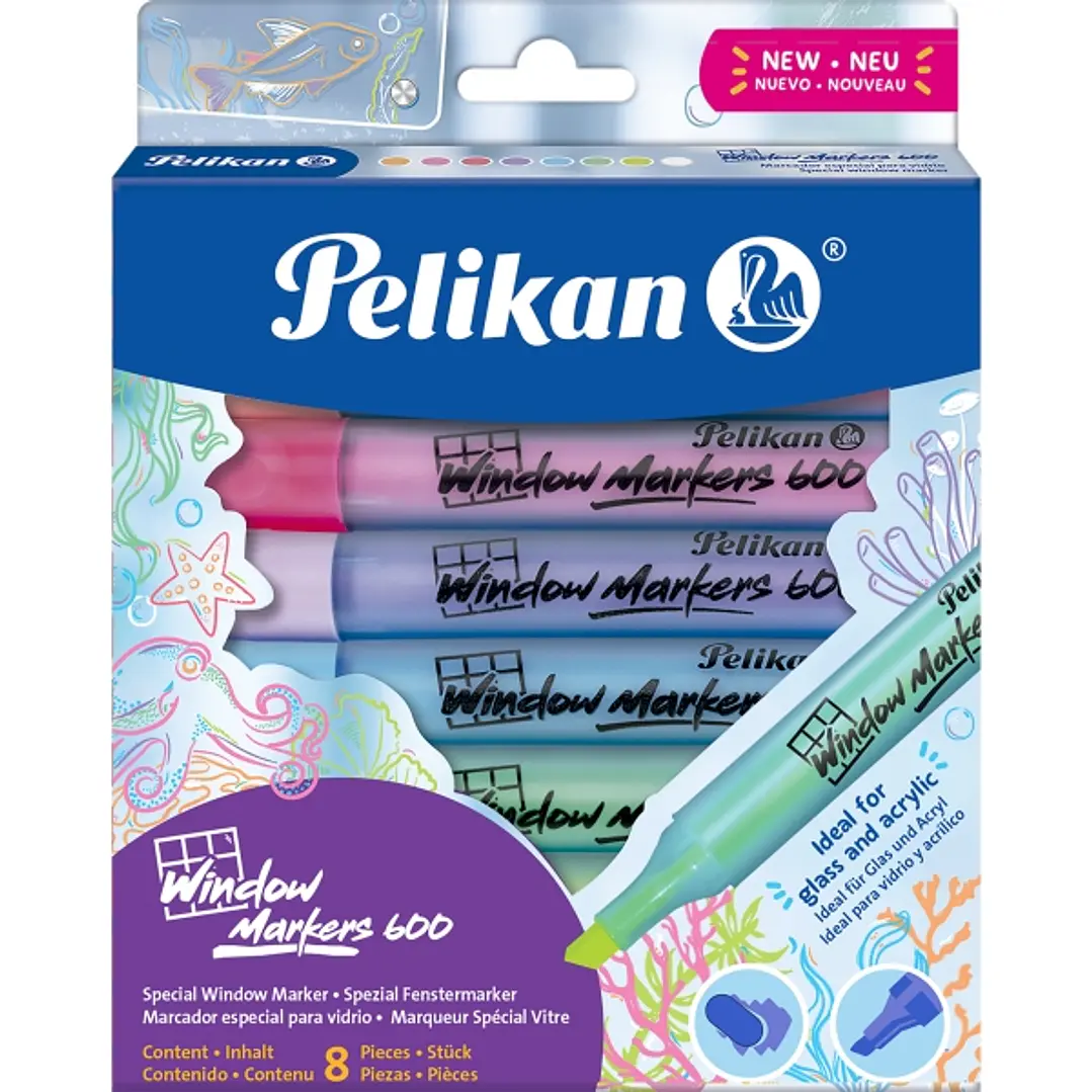 Pelikan Window Marker 600 Pack de 8 Marcadores para Superficies Lisas - Punta Biselada con 3 Grosores - Ideal para Uso en Cristales, Acrilicos, Latex  1