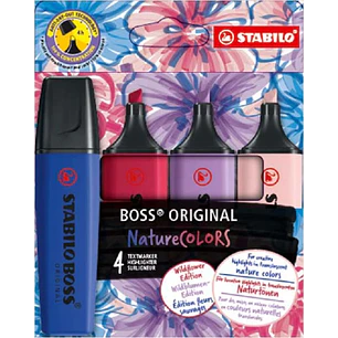 Stabilo Boss Naturecolors Wildflower Edition Pack de 4 Marcadores - Trazo entre 2 y 5mm - Tinta con Base de Agua - Colores Azul Marino, Colorete, Lila