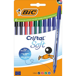 Bic Cristal Soft Pack de 10 Boligrafos de Bola - Punta Media de 1.2mm - Trazo 0.45mm - Escritura mas Fluida - Colores Surtidos