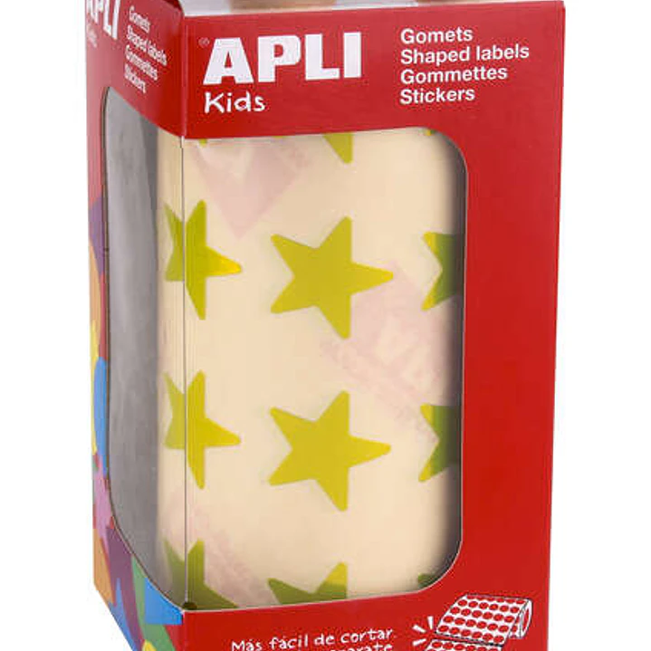 Apli Gomets Estrella Amarillo Metalizado - Tamaño 19.5mm - 1416 Gomets por Rollo - Adhesivo Base Agua - Normas EN-71 y FSC 1