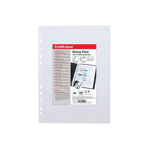 Erichkrause Glossy Clear Pack de 100 Fundas Multitaladro A4 60mic - 11 Taladros - Acabado Brillante Transparente
