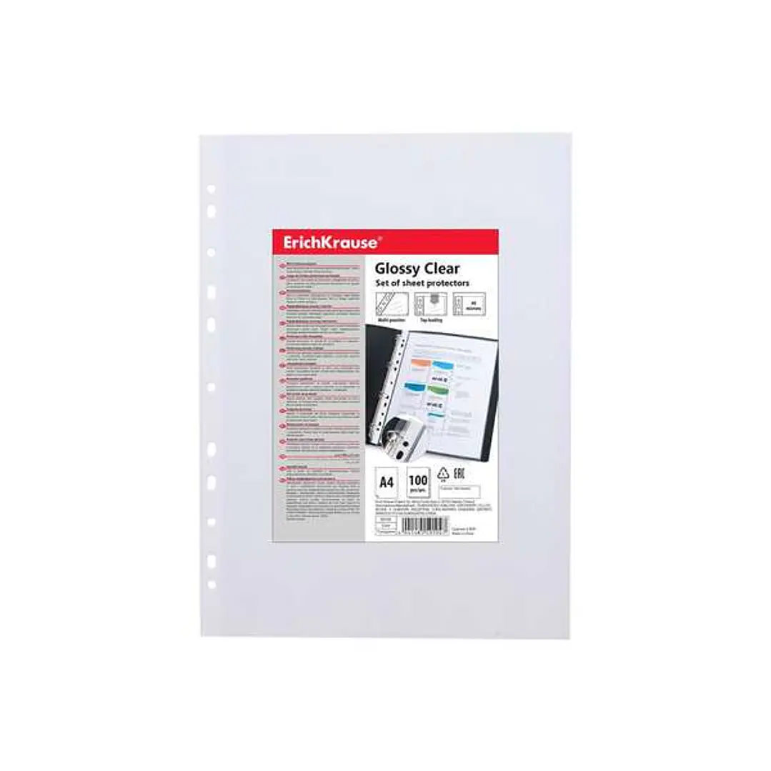 Erichkrause Glossy Clear Pack de 100 Fundas Multitaladro A4 60mic - 11 Taladros - Acabado Brillante Transparente 1