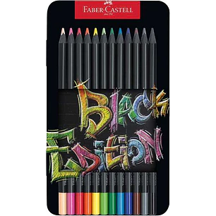 Faber-Castell Black Edition Caja Metalica de 12 Lapices de Colores - Mina Supersuave - Madera Negra - Ideales para Dibujo sobre Papel Claro, Oscuro y 