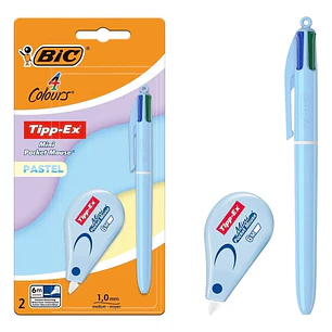 Bic 4 Colours Pastel Pack con 1 Boligrafo de Bola Retractil 4 Colores + Corrector Tipp-Ex Mini Pocket Mouse Pastel 5mmx6m - Punta Media de 1.0mm - Tin