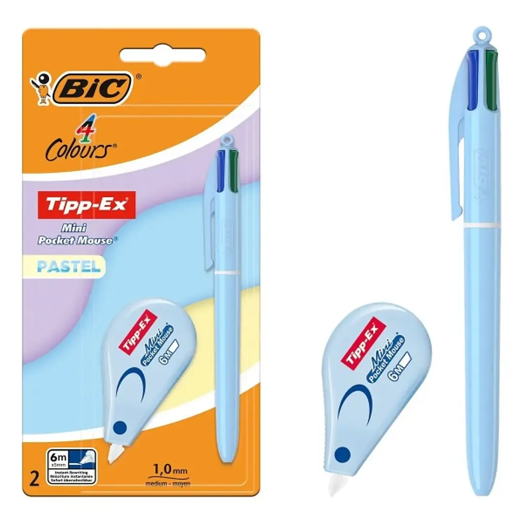 Bic 4 Colours Pastel Pack con 1 Boligrafo de Bola Retractil 4 Colores + Corrector Tipp-Ex Mini Pocket Mouse Pastel 5mmx6m - Punta Media de 1.0mm - Tin 1