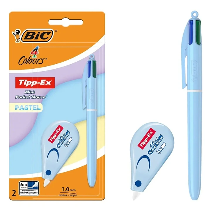 Bic 4 Colours Pastel Pack con 1 Boligrafo de Bola Retractil 4 Colores + Corrector Tipp-Ex Mini Pocket Mouse Pastel 5mmx6m - Punta Media de 1.0mm - Tin 1
