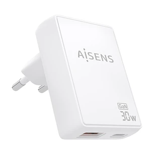 Aisens Cargador GaN Ultra Delgado 30W - 1xUSB-C PD3.0 QC4.0 - 1xUSB-A QC3.0 - Tecnologia AI - Color Blanco
