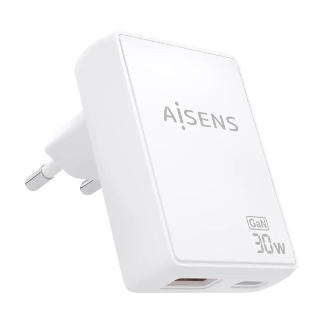 Aisens Cargador GaN Ultra Delgado 30W - 1xUSB-C PD3.0 QC4.0 - 1xUSB-A QC3.0 - Tecnologia AI - Color Blanco 1