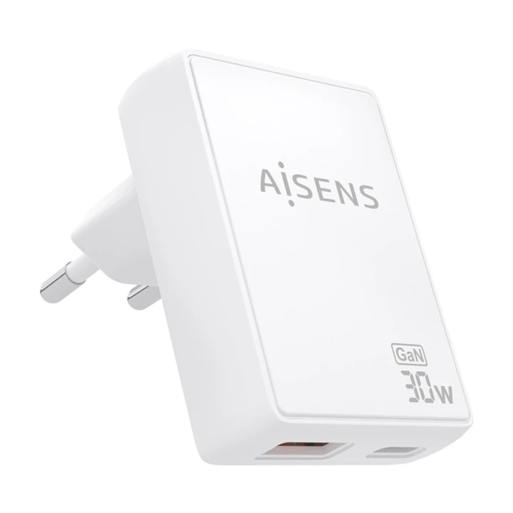 Aisens Cargador GaN Ultra Delgado 30W - 1xUSB-C PD3.0 QC4.0 - 1xUSB-A QC3.0 - Tecnologia AI - Color Blanco 1