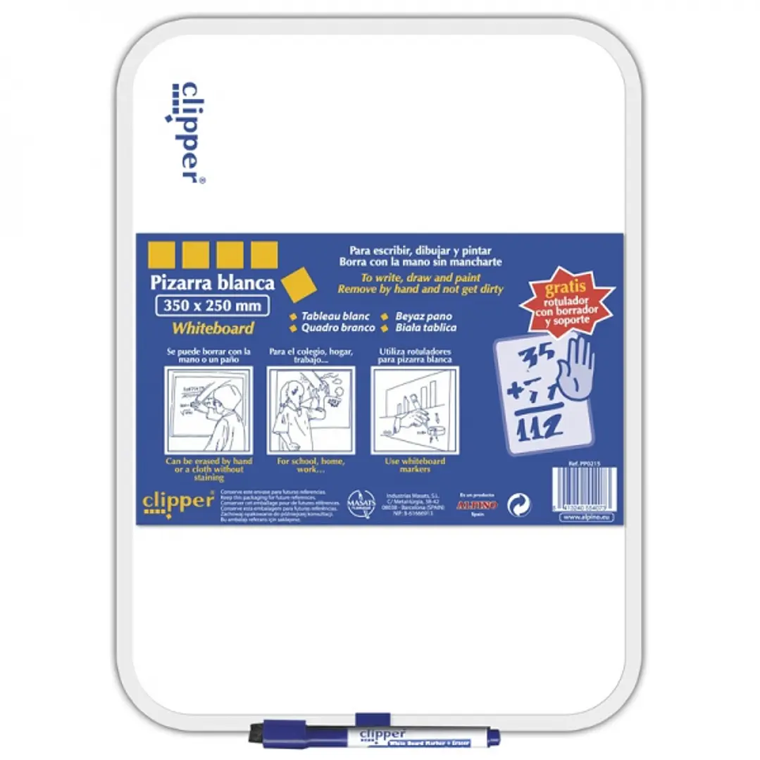 Alpino Clipper Pizarra Blanca 35x25cm - Una Cara Blanca y otra con Cuadricula - Borrado en Seco - Incluye Rotulador con Borrador - Color Blanco 1