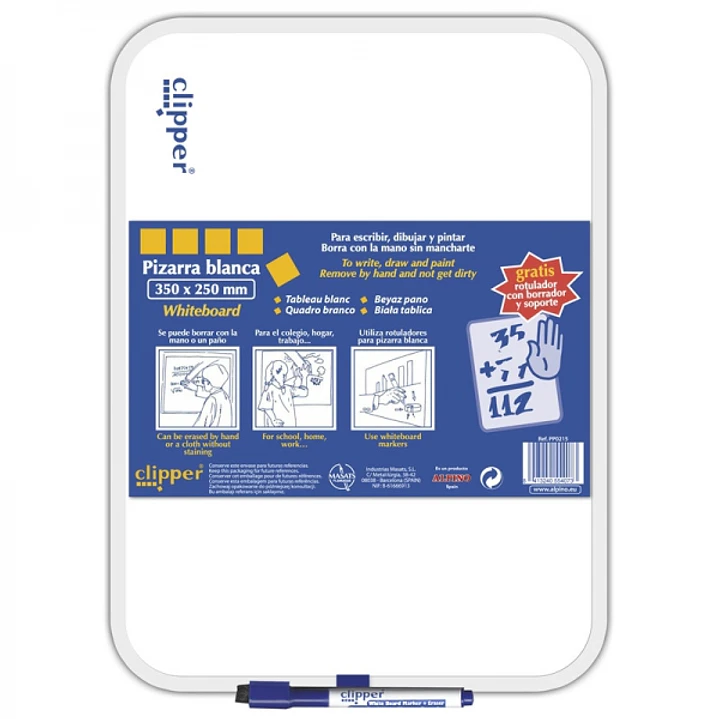 Alpino Clipper Pizarra Blanca 35x25cm - Una Cara Blanca y otra con Cuadricula - Borrado en Seco - Incluye Rotulador con Borrador - Color Blanco 1