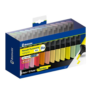 Bismark Long-Life Set de Mesa con 24 Mini Marcadores Fluorescentes - 12x Neon y 12x Pastel - Tinta de Secado Rapido - Punta Biselada - Ideal para Subr