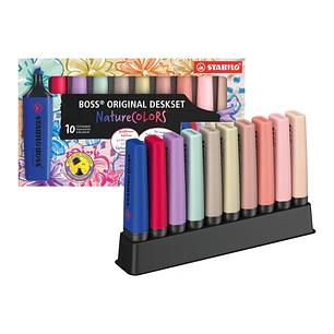 Stabilo Boss Naturecolors Pack de 10 Marcadores con Base para Escritorio - Incluye los 4 Nuevos Colores Wildflower - Trazo entre 2 y 5mm - Tinta con B