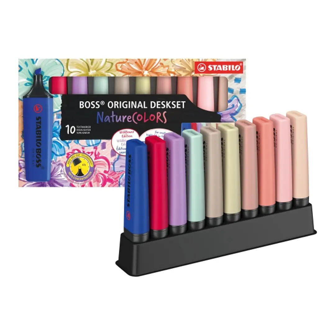Stabilo Boss Naturecolors Pack de 10 Marcadores con Base para Escritorio - Incluye los 4 Nuevos Colores Wildflower - Trazo entre 2 y 5mm - Tinta con B 1