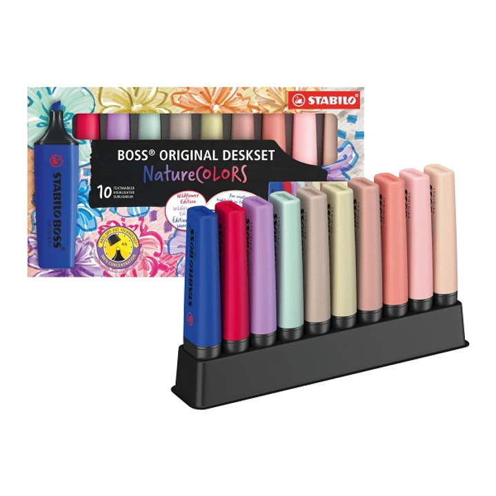 Stabilo Boss Naturecolors Pack de 10 Marcadores con Base para Escritorio - Incluye los 4 Nuevos Colores Wildflower - Trazo entre 2 y 5mm - Tinta con B 1