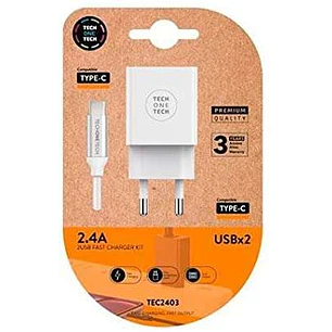 TechOneTech Cargador Doble de Pared + Cable USB-A a USB-C 1m - Recubierto de Nylon Trenzado