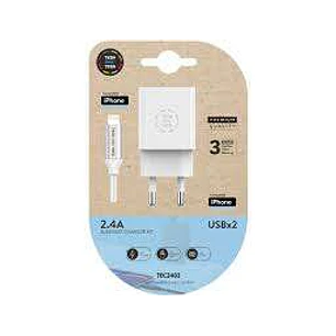 TechOneTech Cargador Doble de Pared + Cable USB-A a Lightning 1m - Recubierto de Nylon Trenzado