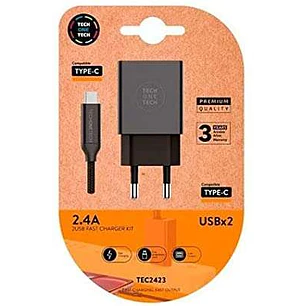 TechOneTech Cargador Doble de Pared + Cable USB-A a USB-C 1m - Recubierto de Nylon Trenzado