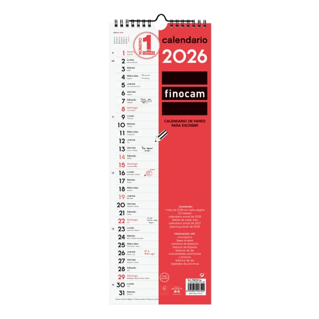 Finocam Calendario de Pared - Anual 2026 - 155x5x440mm - Espacio para Escribir - Color Blanco y Rojo 1