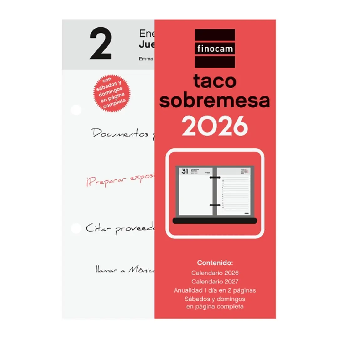 Finocam Taco de Sobremesa - Anual 2026 - 85x35x120mm - Sobremesa - Color Blanco y Rojo 1