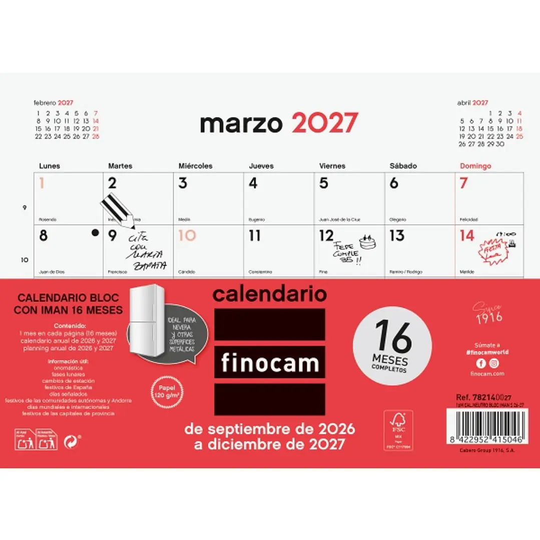 Finocam Neutro Bloc Calendario con Iman - 16 Meses - Mes Vista - Formato S - 210x150mm - Listado de Festivos - Papel de 120g/m2 - Listado de Festivos  1