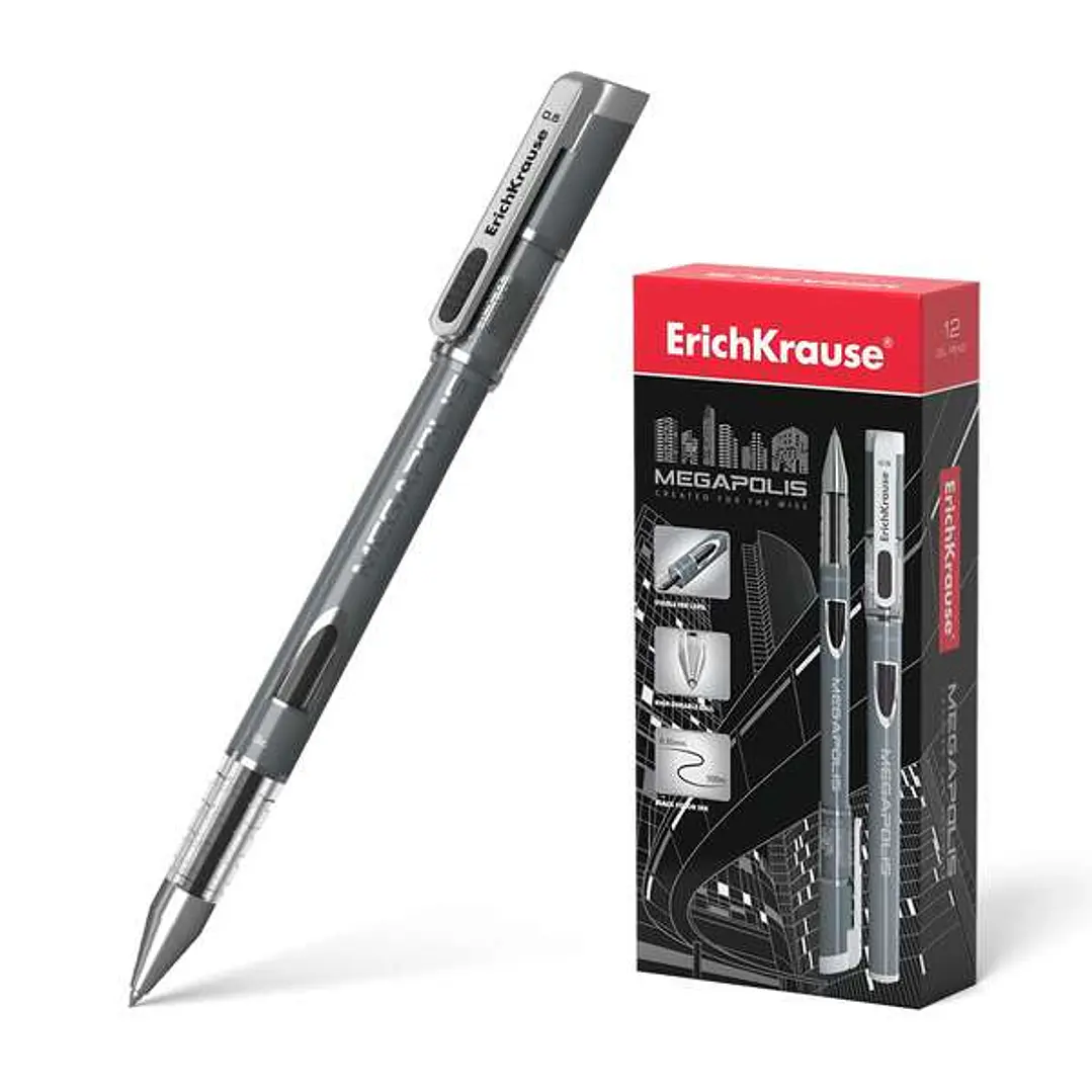 Erichkrause Megapolis Gel Boligrafo Tinta Gel - Punta de 0.5mm - Cuerpo Redondo Opaco - Ventanilla de Control de Tinta - Color Negro 1