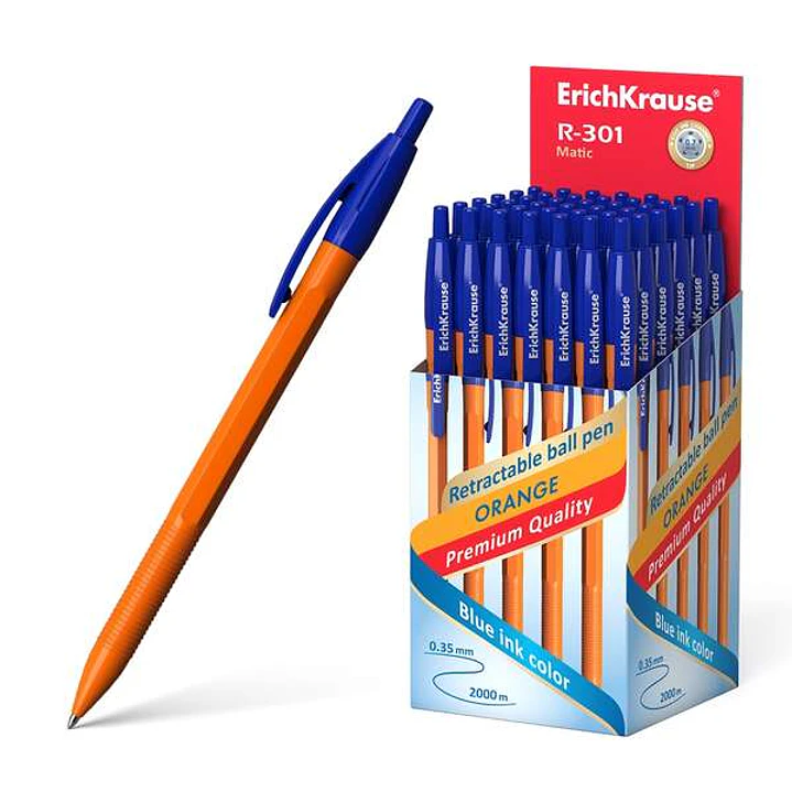 Erichkrause R-301 Naranja Matic Boligrafo Retractil Punta 0.7mm - Cuerpo Hexagonal Opaco - Tinta de Secado Rapido - Color Azul 1