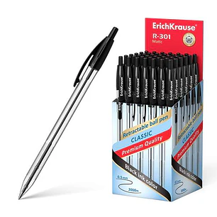 ErichKrause R-301 Matic Boligrafo Retractil Punta de Bola 1.0mm - Tinta de Secado Rapido - Cuerpo Transparente - Color Negro