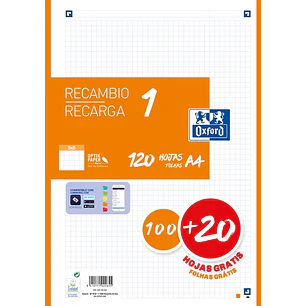 Oxford School Recambio A4 120 Hojas Cuadricula 5x5mm - 4 Taladros - Banda de Color Naranja