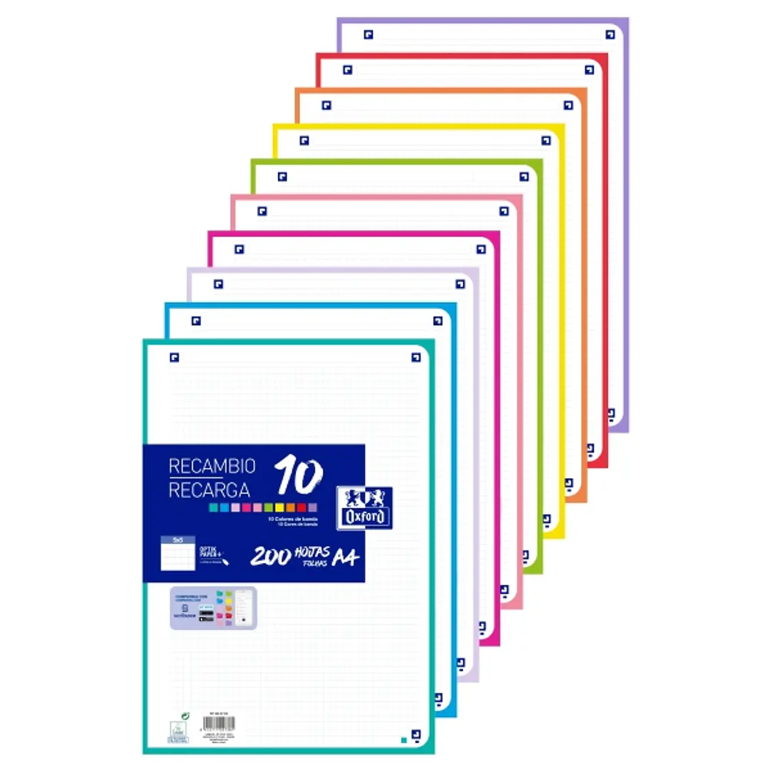Oxford Recambio de 200 Hojas con 4 Taladros - Formato A4 - Cuadricula 5x5 Enmarcada - Anti Traspaso de Tinta - Digitalizacion de Textos con App - Colo 1