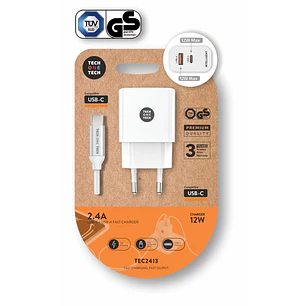 TechOneTech Cargador Doble de Pared + Cable USB-A a USB-C 1m - Recubierto de Nylon Trenzado Blanco
