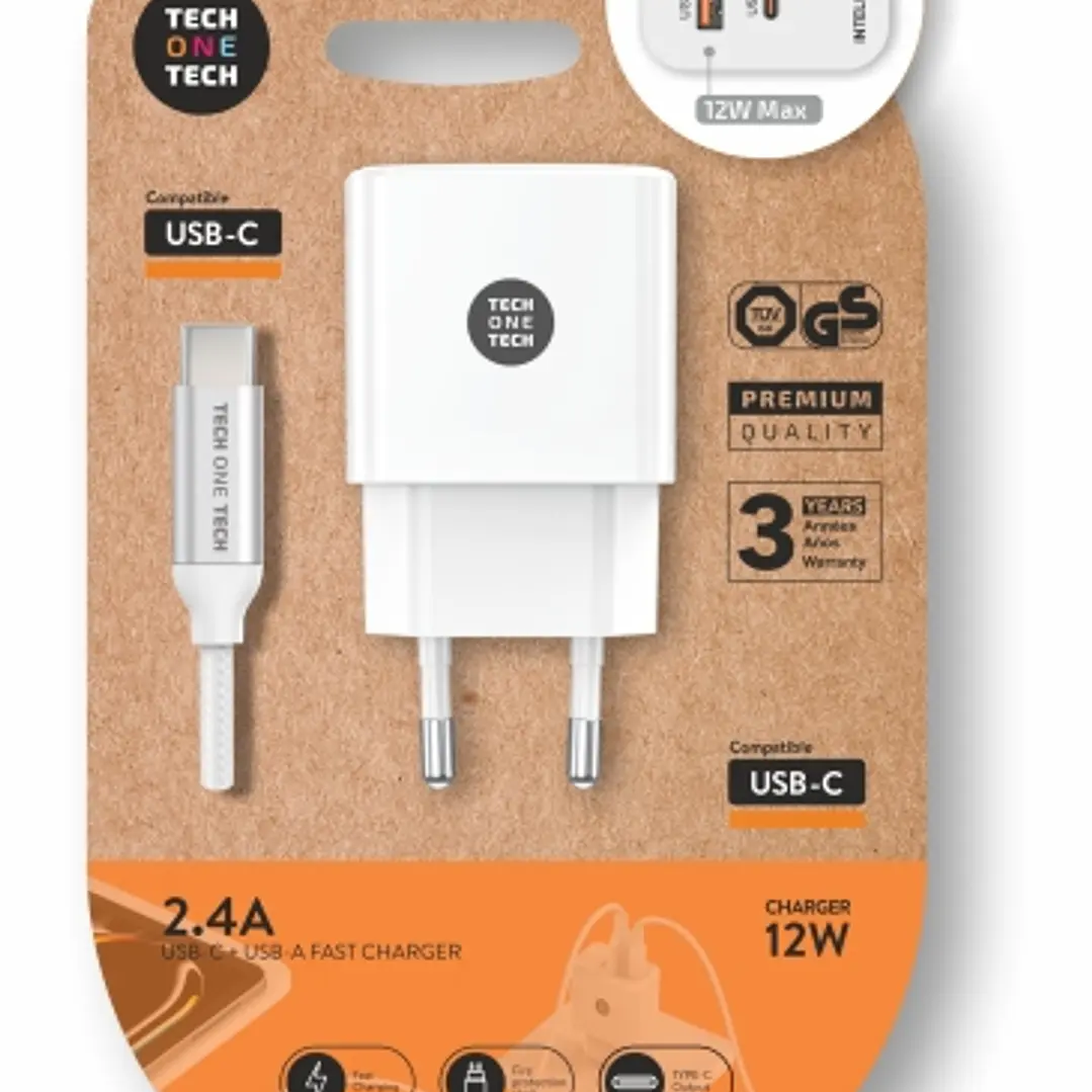 TechOneTech Cargador Doble de Pared + Cable USB-A a USB-C 1m - Recubierto de Nylon Trenzado Blanco 1