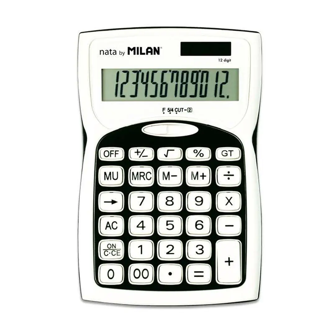 Milan Calculadoras de 12 Digitos - 3 Teclas de Memoria - Raiz Cuadrada - Calculo de Margenes - Tecla de Apagado - Color Blanco y Negro 1