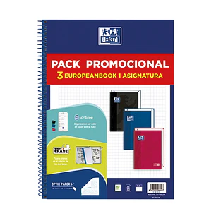 Oxford Europeanbook 1 Classic Pack de 3 Cuadernos Espiral Formato A4+ Cuadriculado 5x5mm - 80 Hojas 90gr - Tapa Extradura Tacto Suave - Recuadro de Co