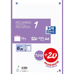 Oxford School Recambio A4 120 Hojas Cuadricula 5x5mm - 4 Taladros - Banda de Color Lila