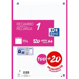 Oxford School Recambio A4 120 Hojas Cuadricula 5x5mm - 4 Taladros - Banda de Color Fucsia