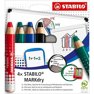 Stabilo MARKdry Pack de 4 Marcadores para Pizarra + Sacapuntas + Paño de Limpieza - Mina XXL de 10mm - Madera 100% Certificada PRFC - Colores Azul, Ve