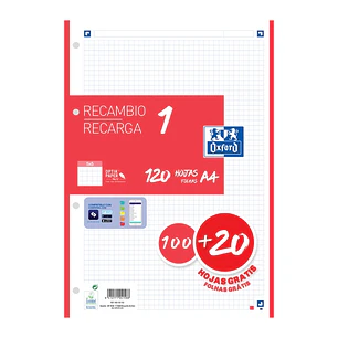 Oxford School Recambio A4 120 Hojas Cuadricula 5x5mm - 4 Taladros - Banda de Color Rojo
