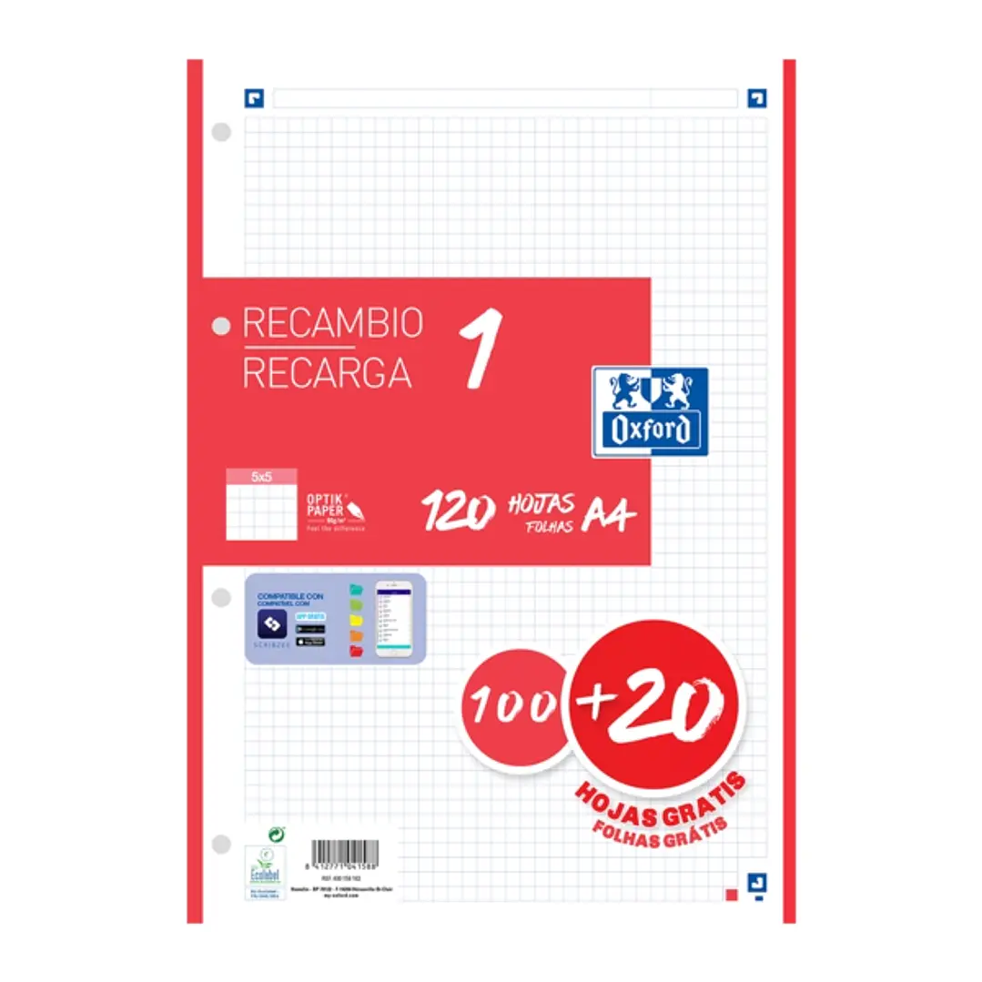 Oxford School Recambio A4 120 Hojas Cuadricula 5x5mm - 4 Taladros - Banda de Color Rojo 1