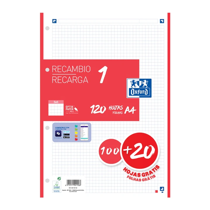 Oxford School Recambio A4 120 Hojas Cuadricula 5x5mm - 4 Taladros - Banda de Color Rojo 1