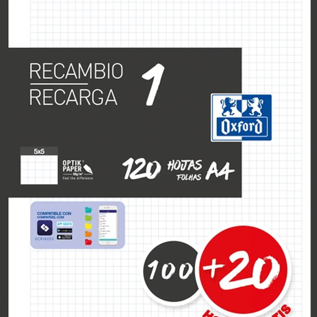 Oxford School Recambio A4 120 Hojas Cuadricula 5x5mm - 4 Taladros - Banda de Color Negro 1