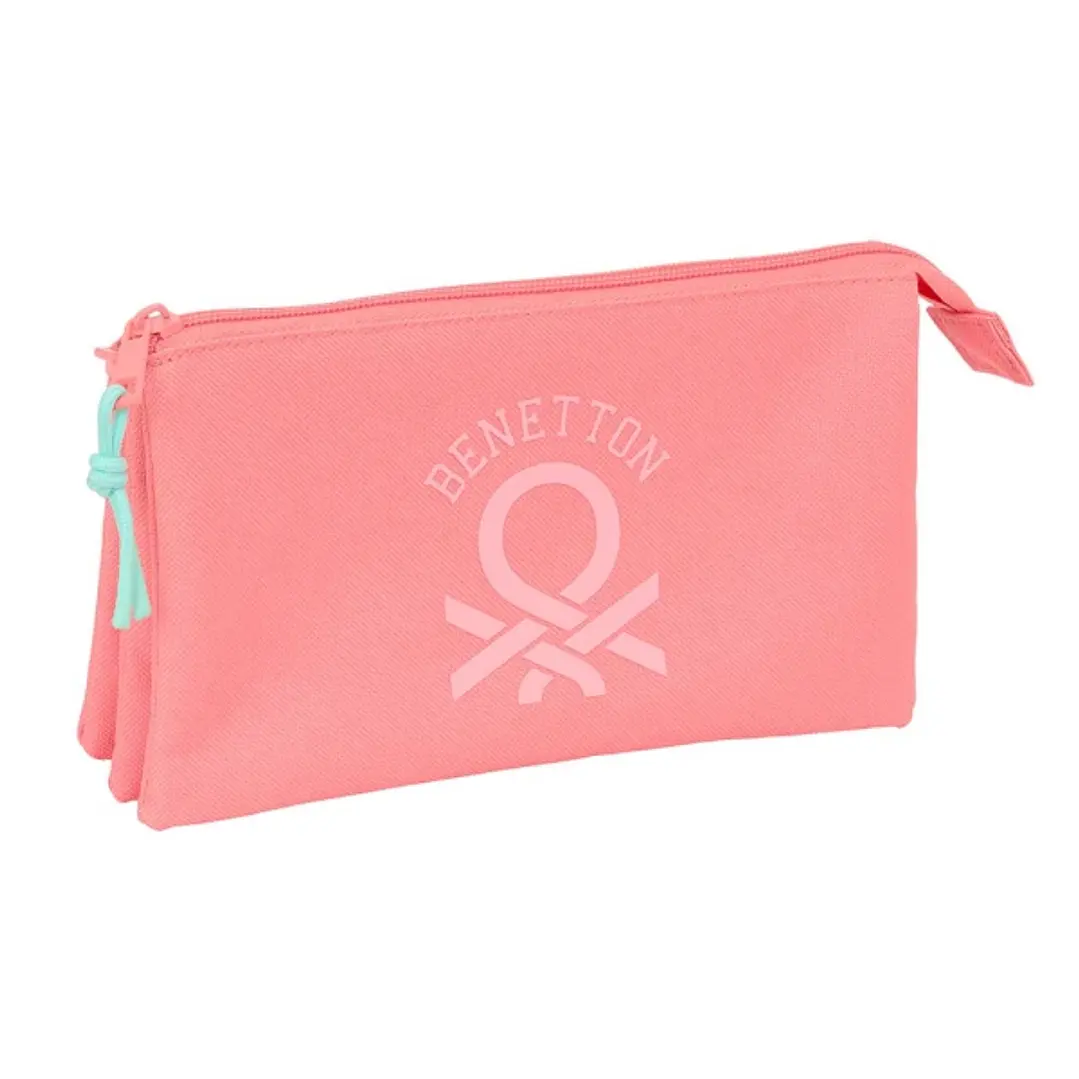Safta Benetton Basics Portatodo - 3 Compartimentos con Cremalleras - Bolsillo Interior - 0.6L - 220x30x120mm - Color Coral 1