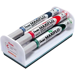 Pentel Maxiflo Pack de 4 Rotuladores para Pizarra Blanca + Borrador Magnetico - Punta de Bala - Ancho de Linea 2mm - Regulacion del Flujo de Tinta - C