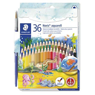 Staedtler Noris Aquarell Pack de 36 Lapices Hexagonales de Colores + Pincel - Refuerzo de Mina para Mayor Resistencia a la Rotura - Madera de Bosques 
