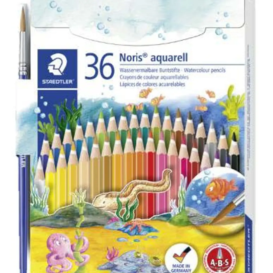 Staedtler Noris Aquarell Pack de 36 Lapices Hexagonales de Colores + Pincel - Refuerzo de Mina para Mayor Resistencia a la Rotura - Madera de Bosques  1