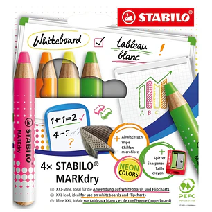 Stabilo MARKdry Neon Pack de 4 Marcadores para Pizarra + Sacapuntas + Paño de Limpieza - Mina XXL de 10mm - Madera 100% Certificada PRFC - Colores Neo