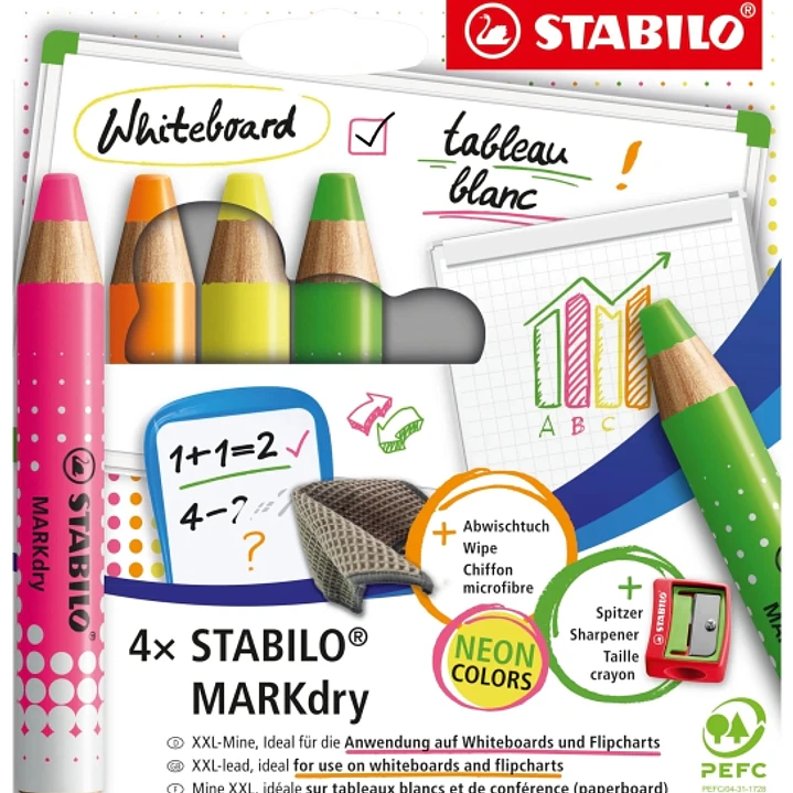 Stabilo MARKdry Neon Pack de 4 Marcadores para Pizarra + Sacapuntas + Paño de Limpieza - Mina XXL de 10mm - Madera 100% Certificada PRFC - Colores Neo 1