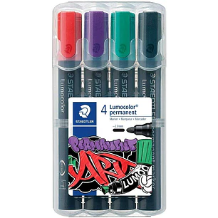 Staedtler Lumocolor 352 Pack de 4 Marcadores Permanentes - Secado Rapido - Practico Estuche de Sobremesa - Colores Rojo, Morado, Verde y Negro