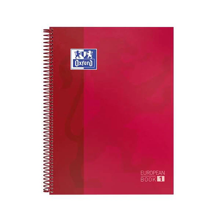 Oxford Europeanbook 1 Cuaderno Espiral Formato A4+ Cuadriculado 5x5mm - 80 Hojas - Banda de Color - Tapa Extradura Brillante - Color Rojo 1