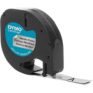 Dymo LetraTag S0721730 Cinta de Etiquetas Original para Rotuladora - Texto negro sobre fondo metalico - Ancho 12mm x 4 metros (91208)